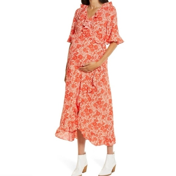 New Topshop Ruffle Wrap Maternity Midi Dress in Red Floral Print - Picture 1 of 9